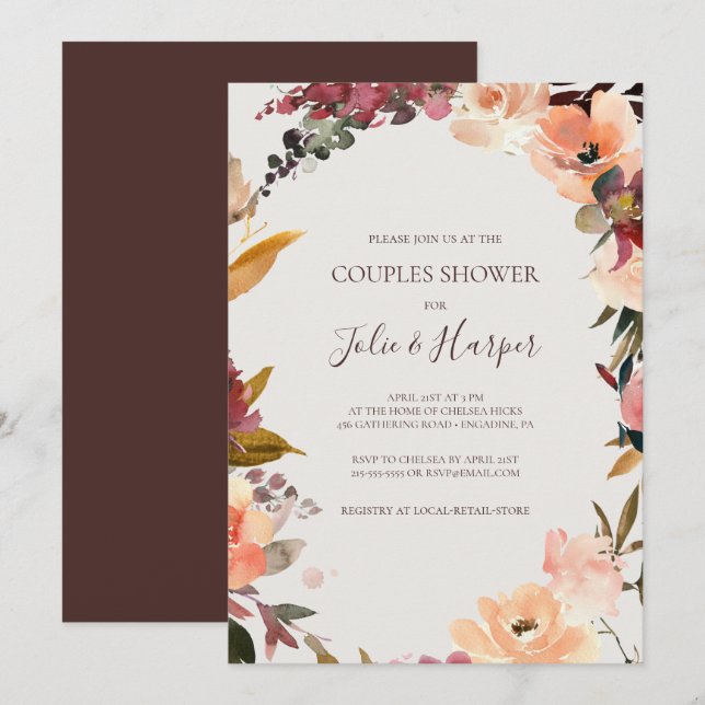 Burgundy Orange Floral | Dusche für Paare Einladung (Vorne/Hinten)