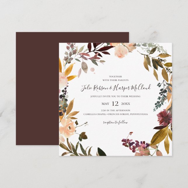 Burgundy Orange Floral | Einladung zur Hochzeit au (Vorne/Hinten)