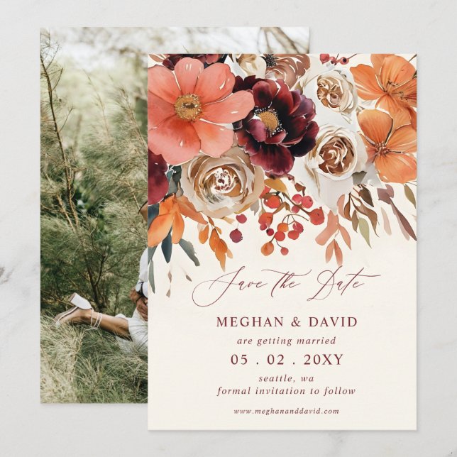 Burgundy Orange Floral Fall Foto Save The Date (Vorne/Hinten)