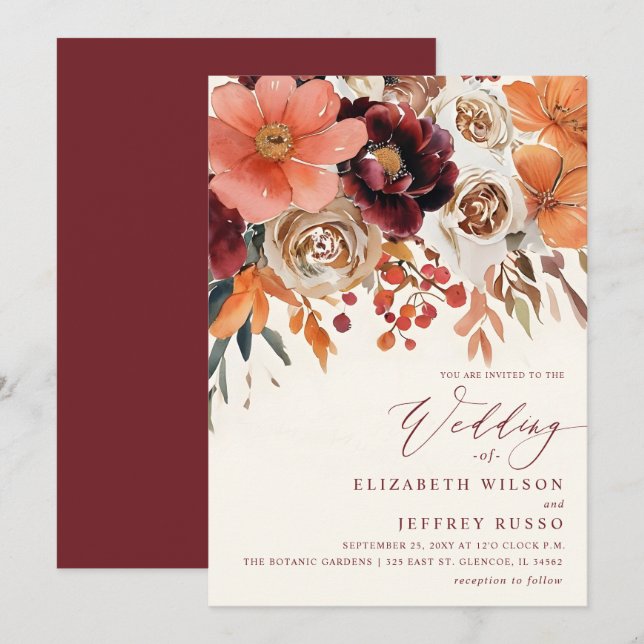 Burgundy Orange Floral Fall Wedding Einladung (Vorne/Hinten)