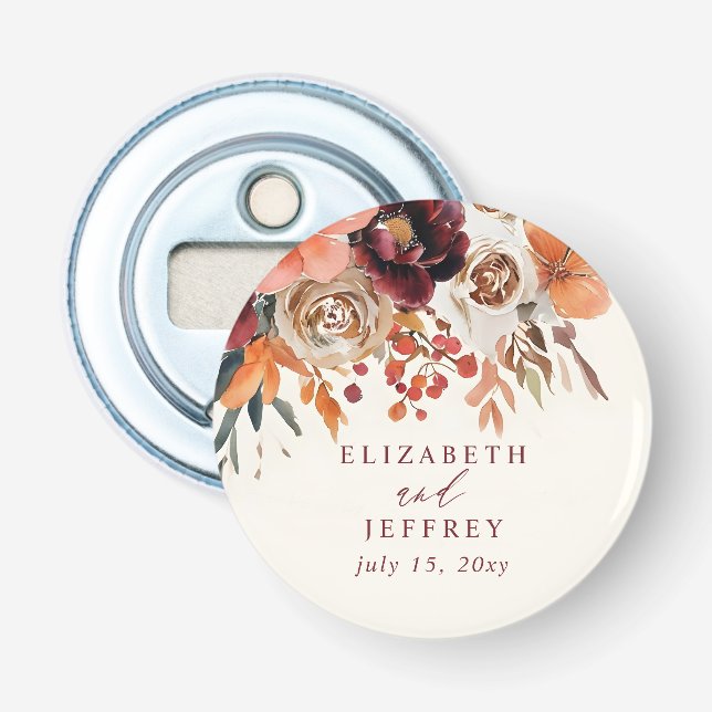 Burgundy Orange Floral Fall Wedding Flaschenöffner (Vorderseite)