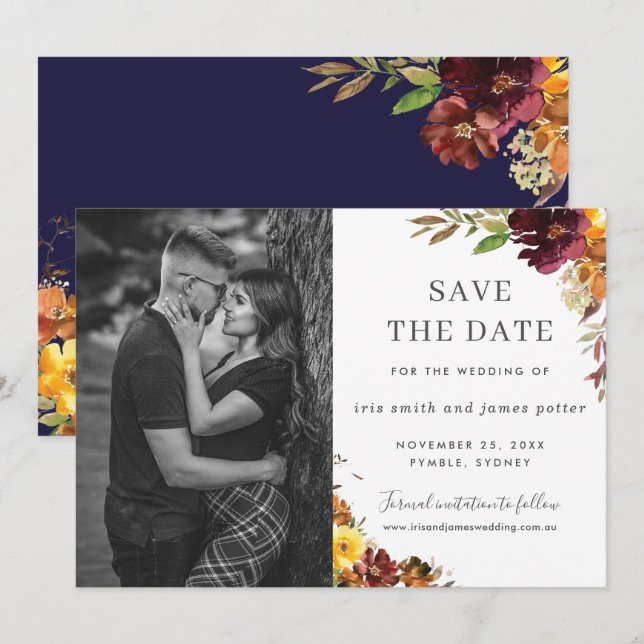 Burgundy Orange Floral Foto Save the Date Karte (Vorne/Hinten)