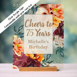 Burgundy Orange Floral Gold Cheers 75 Jahre Acrylschild