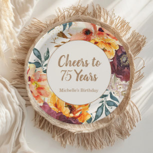 Burgundy Orange Floral Gold Cheers 75 Jahre Pappteller