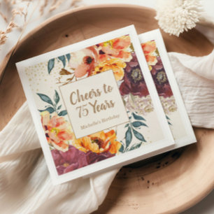 Burgundy Orange Floral Gold Cheers 75 Jahre Serviette