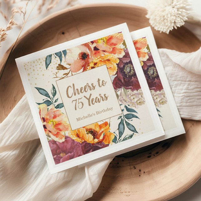 Burgundy Orange Floral Gold Cheers 75 Jahre Serviette (Cheers to 75 Years paper napkins)