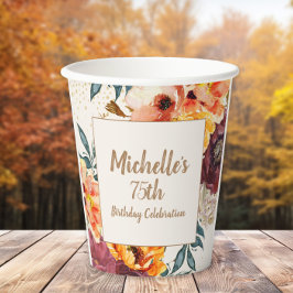 Burgundy Orange Floral Gold Glitzer 75. Geburtstag Pappbecher