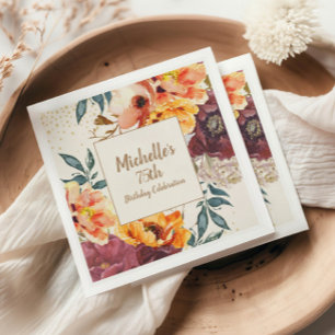 Burgundy Orange Floral Gold Glitzer 75. Geburtstag Serviette