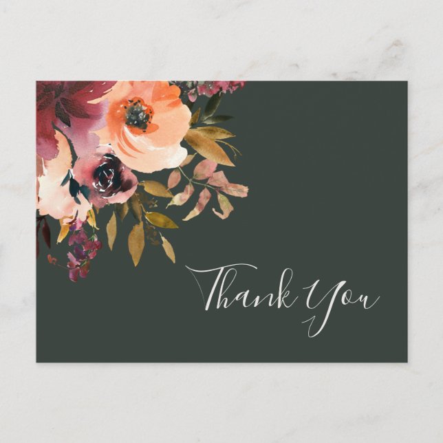 Burgundy Orange Floral | Green Wedding Danke Postkarte (Vorderseite)