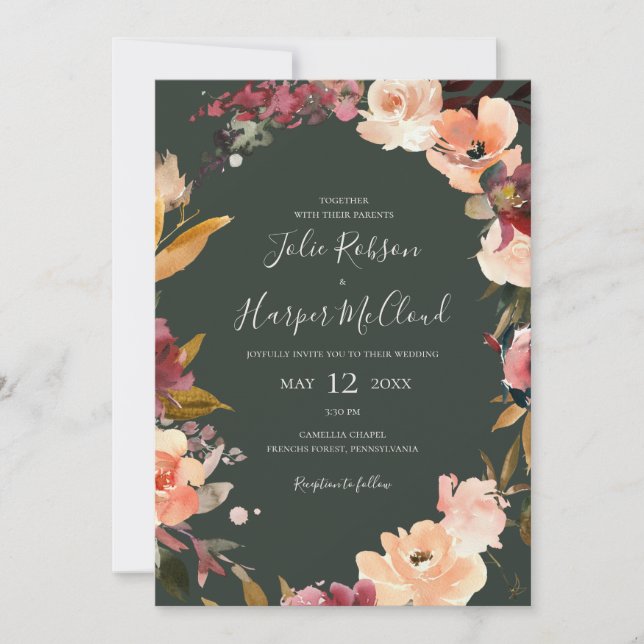 Burgundy Orange Floral | Grün in einer Hochzeit Einladung (Vorderseite)