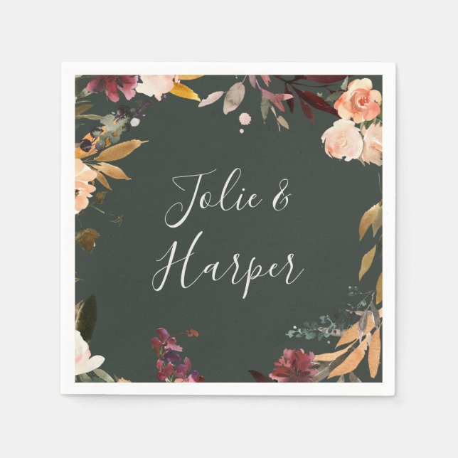 Burgundy Orange Floral | Grüne Hochzeit Napkins Serviette (Vorderseite)