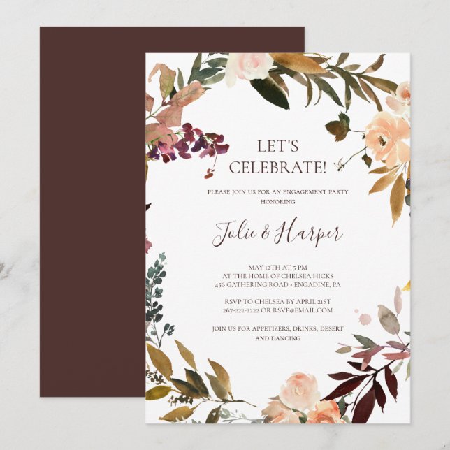 Burgundy Orange Floral Let's Celebrate Invitation Einladung (Vorne/Hinten)