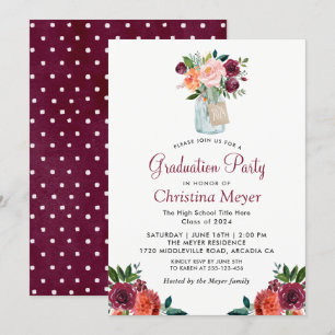 Burgundy Orange Floral Mason Jar Graduation Party Einladung