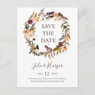 Burgundy Orange Floral Save the Date Postkarte