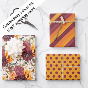 Burgundy Orange Floral Striped Polka Dosen Geschenkpapier Set