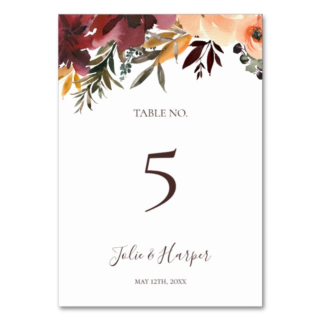 Burgundy Orange Floral | TISCHNUMMER (Vorderseite)