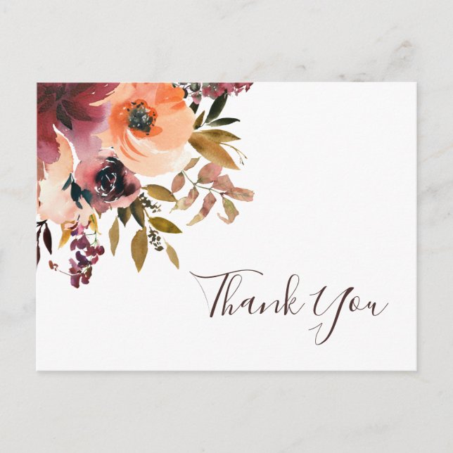Burgundy Orange Floral Wedding Danke Postcard Postkarte (Vorderseite)