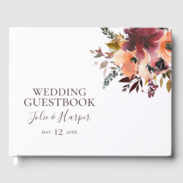 Burgundy Orange Floral Wedding Guest Book Gästebuch (Vorderseite)
