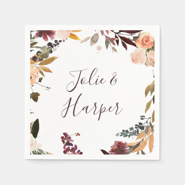 Burgundy Orange Floral Wedding Napkins Serviette (Vorderseite)