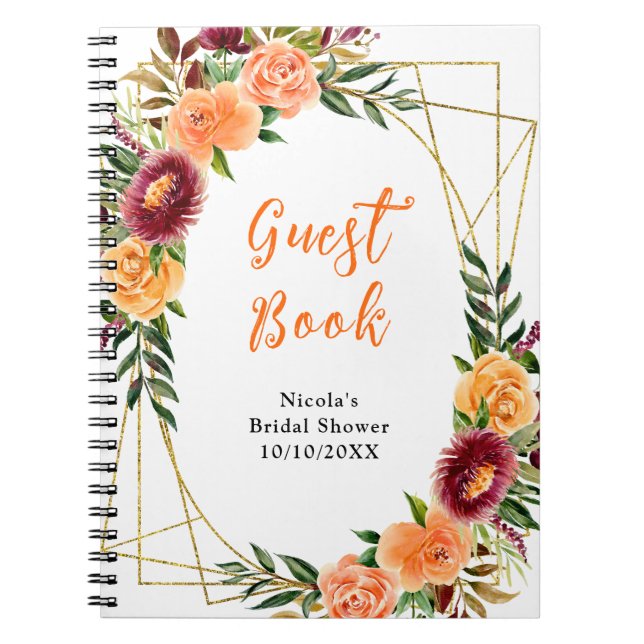 Burgundy Orange Flowers Bridal Shower Guest Book Notizblock (Vorderseite)