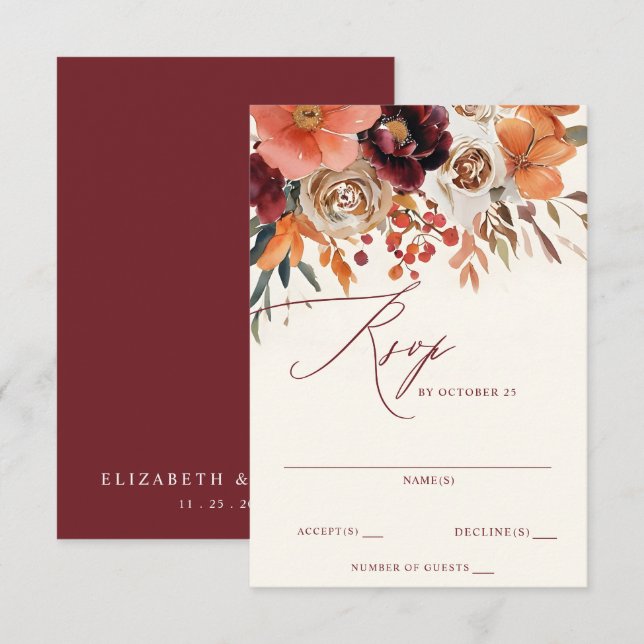 Burgundy Orange Hochzeit im Herbst RSVP Karte (Vorne/Hinten)
