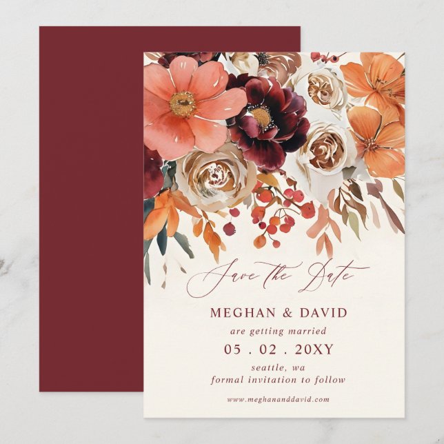 Burgundy Orange Hochzeit im Herbst Save The Date (Vorne/Hinten)