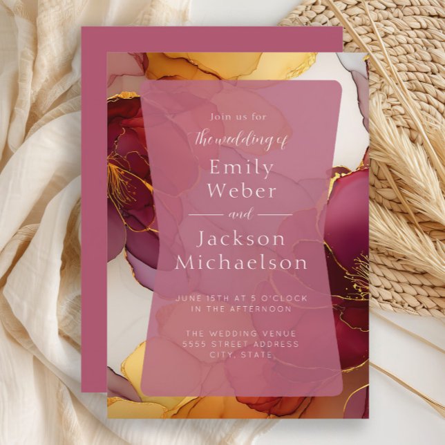 Burgundy Orange Jewel Tone Alcohol Ink Wedding Einladung (Burgundy and orange  alcohol ink wedding invitation)