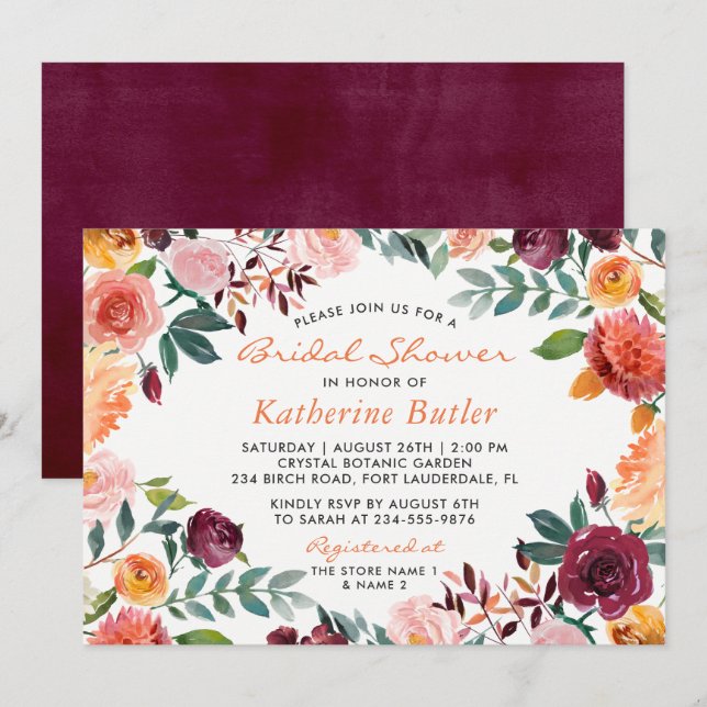 Burgundy Orange Pink Blume Fall Brautparty Einladung (Vorne/Hinten)