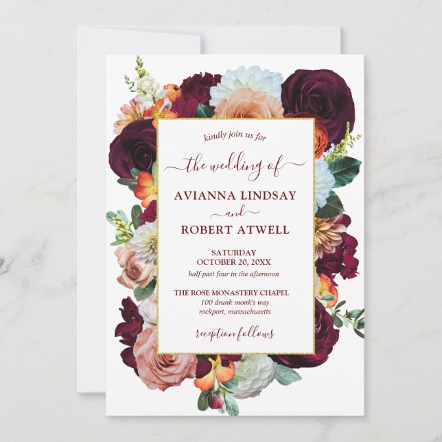 Burgundy Orange Pink Liebe Wedding Einladung (Vorderseite)