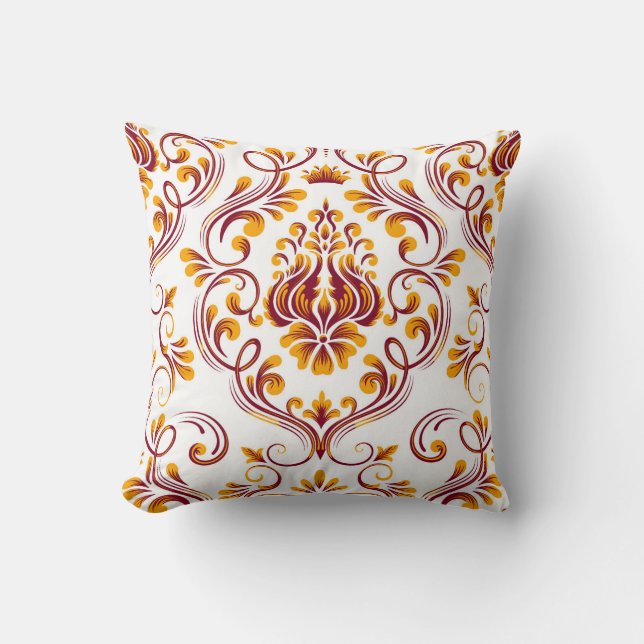 Burgundy Orange White Damask Blumenmuster Kissen (Vorderseite)