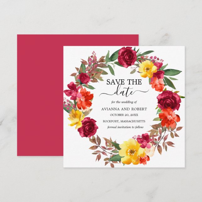 Burgundy Orange Yellow Floral Wreath Save the Date (Vorne/Hinten)