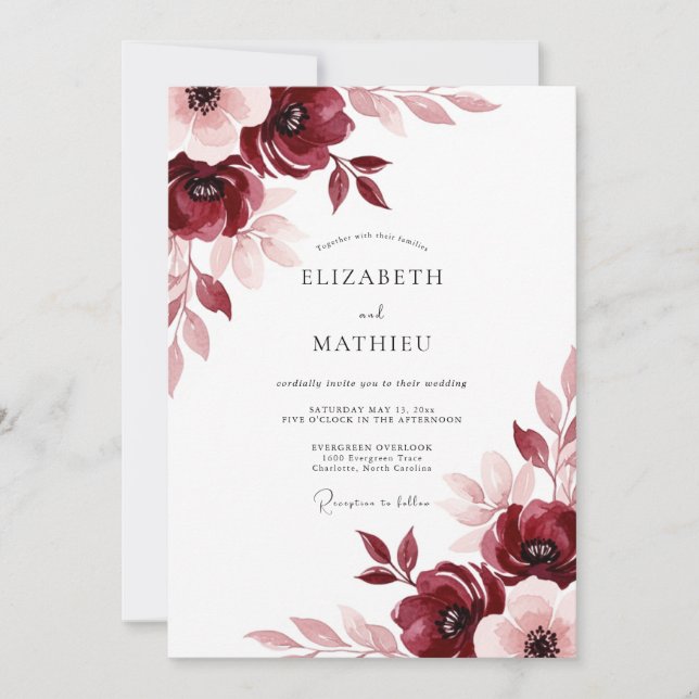 Burgundy Painterly Meadow Wedding Einladung (Vorderseite)