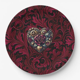 Burgundy Paisley Steampunk Heart Wedding Pappteller