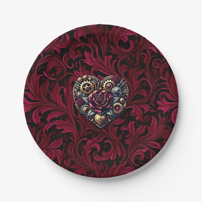 Burgundy Paisley Steampunk Heart Wedding Pappteller (Vorderseite)