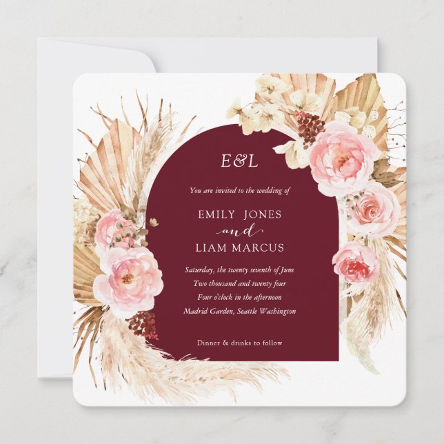 Burgundy Pampas Grass Boho Blumenplatz Hochzeit I Einladung (Vorderseite)