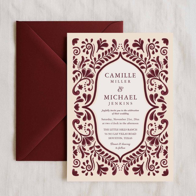 Burgundy Papel Picado Mexican Wedding Invitation (Mexican Talavera Wedding Invitation)