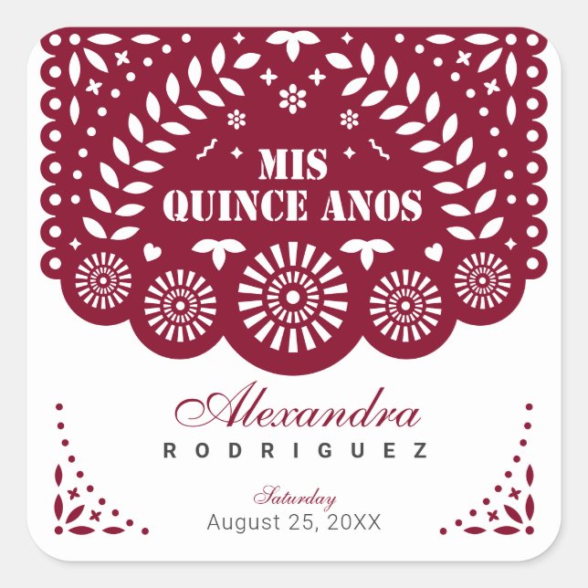 Burgundy Papel Picado Mis Quince Años Quadratischer Aufkleber (Vorderseite)