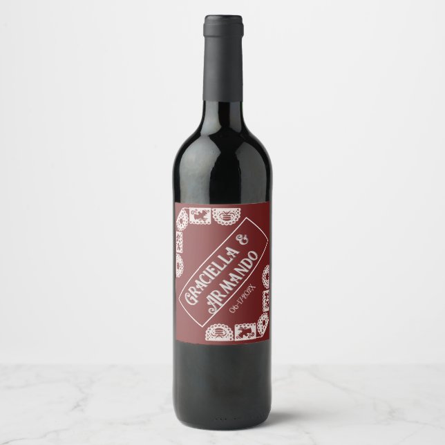 Burgundy Papel Picado Wedding Wine Label Weinetikett (Vorderseite)
