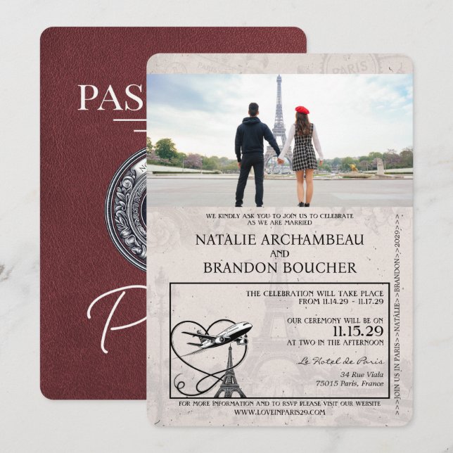Burgundy Paris Passport Wedding Einladung (Vorne/Hinten)