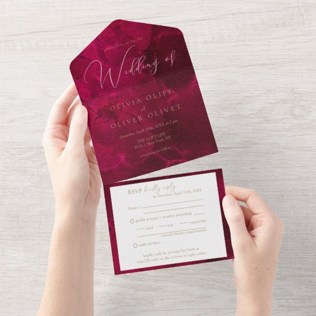 Burgundy Passion Wedding All In One Einladung (Abreißen)