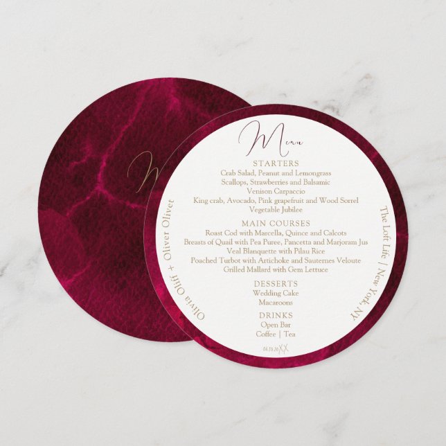 Burgundy Passion Wedding Circle Menükarte (Vorne/Hinten)