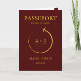 burgundy Passport Destination Faux gold Wedding Einladung