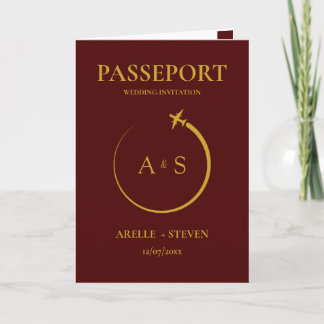 burgundy Passport Destination Faux gold Wedding Einladung