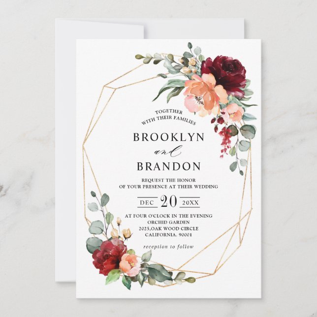 Burgundy Peach Coral Orange Eukalyptus Wedding Einladung (Vorderseite)