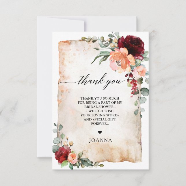 Burgundy Peach Coral Pink Roses Brautparty Dankeskarte (Vorderseite)