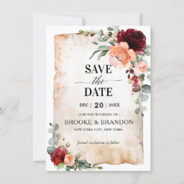 Burgundy Peach Coral Pink Roses Save the Date Kart