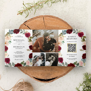 Burgundy Peach Floral All in One QR Code Hochzeit Dreifach Gefaltete Einladung
