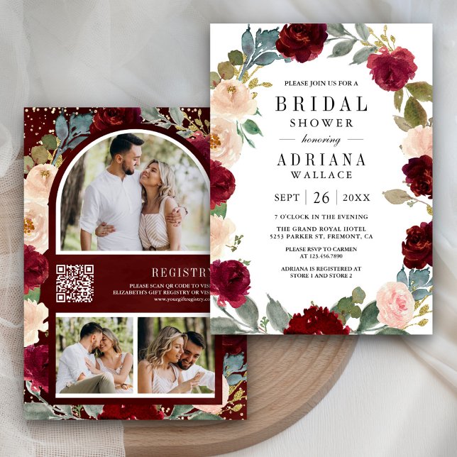 Burgundy Peach Floral Foto QR Code Brautparty Einladung (Von Creator hochgeladen)