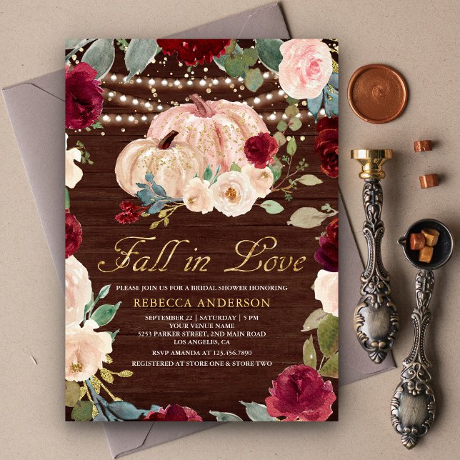 Burgundy Peach Floral Pumpkin Wood Brautparty Einladung (Von Creator hochgeladen)