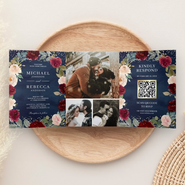 Burgundy Peach Floral QR Code Navy Blue Wedding Dreifach Gefaltete Einladung (Von Creator hochgeladen)